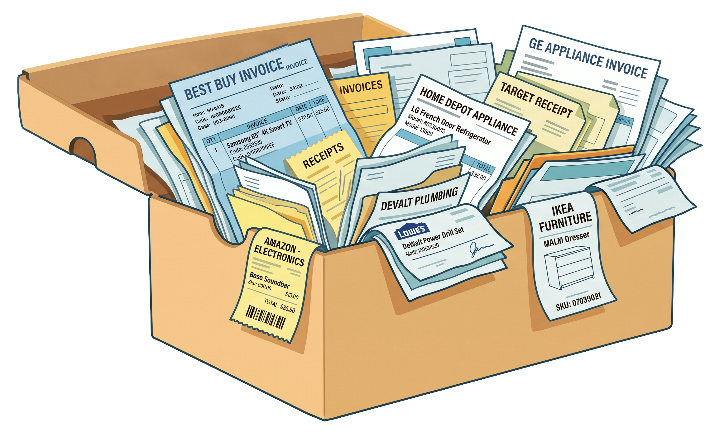 A box overflowing with receipts, invoices and product documents